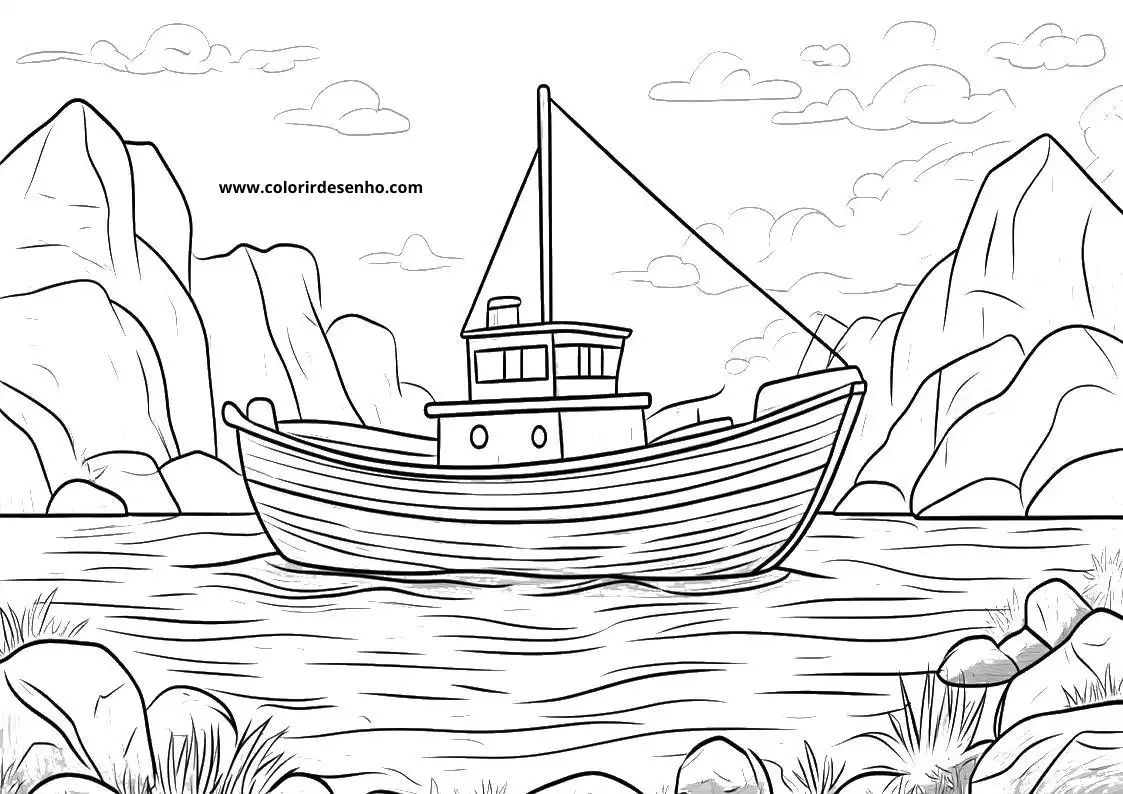 ship boat floating in calm water near rocky shores with grassy rocks in foreground