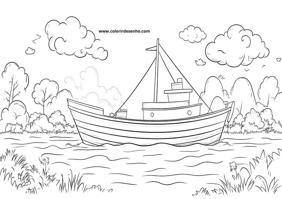 ship floating in calm water near grassy shore with trees in distance