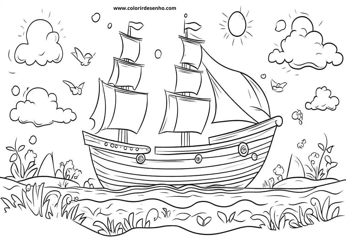 ship sailing along calm water near grassy shore with small rocks in foreground
