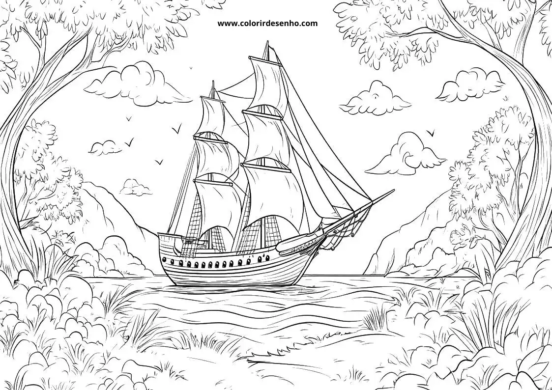ship sailing along river with lush trees on shore