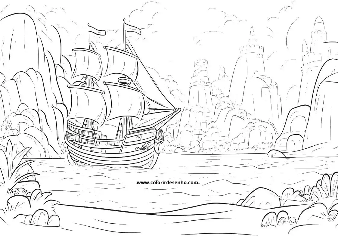ship sailing along rocky coast with lush vegetation in foreground