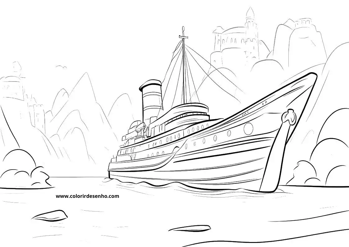 ship sailing near castle on rocky shore