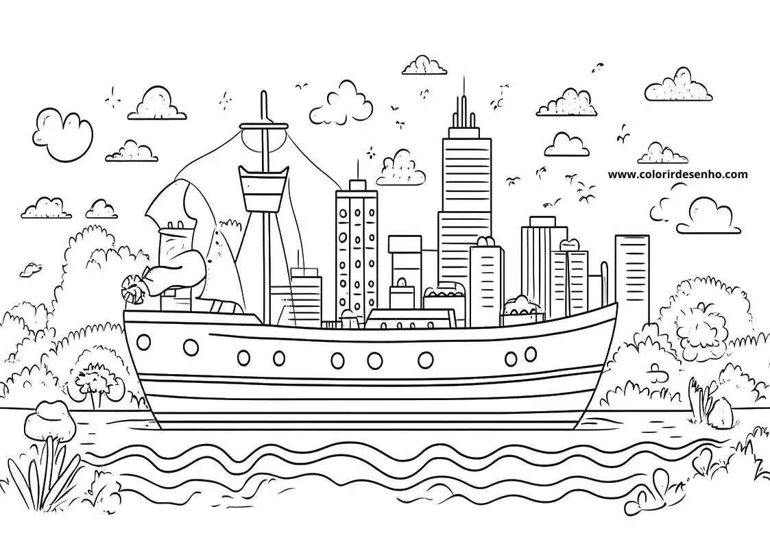 ship sailing near city skyline with tall buildings and trees in foreground