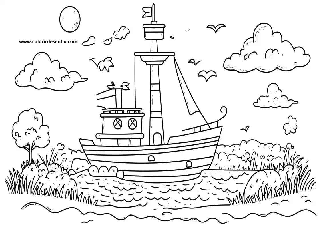 ship sailing on calm waters near grassy shore under sun and clouds