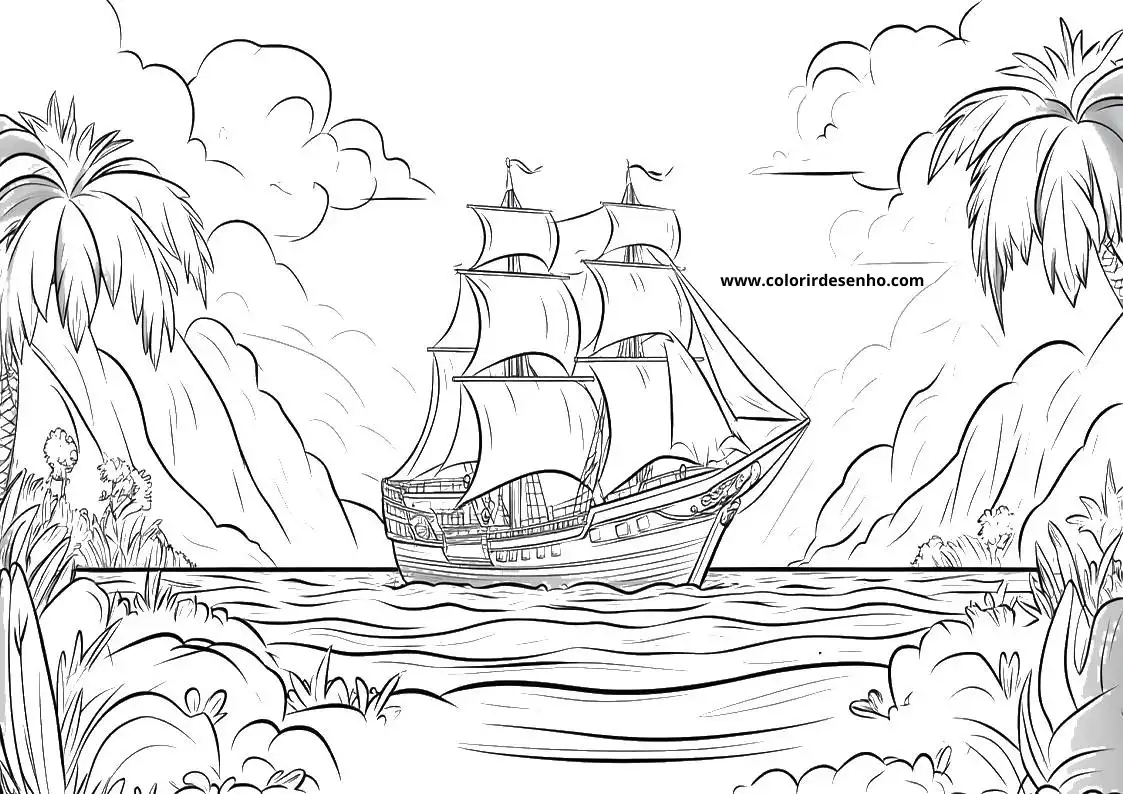 ship sailing on calm waters near lush jungle
