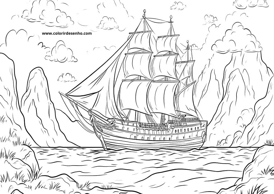 ship sailing on calm waters near rocky cliffs and clouds in sky