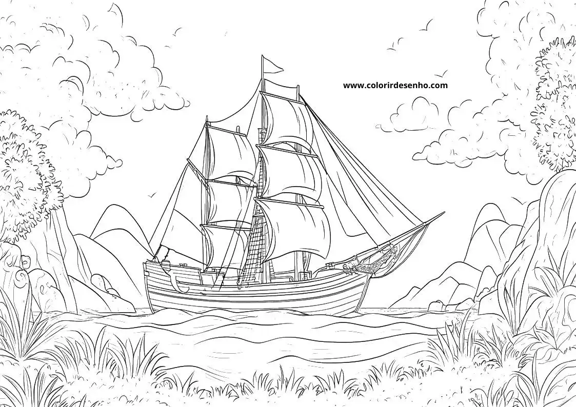 ship sailing on calm waters near rocky shores with grassy vegetation
