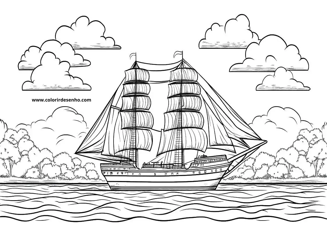 ship sailing on calm waters near rocky shores with trees in the distance