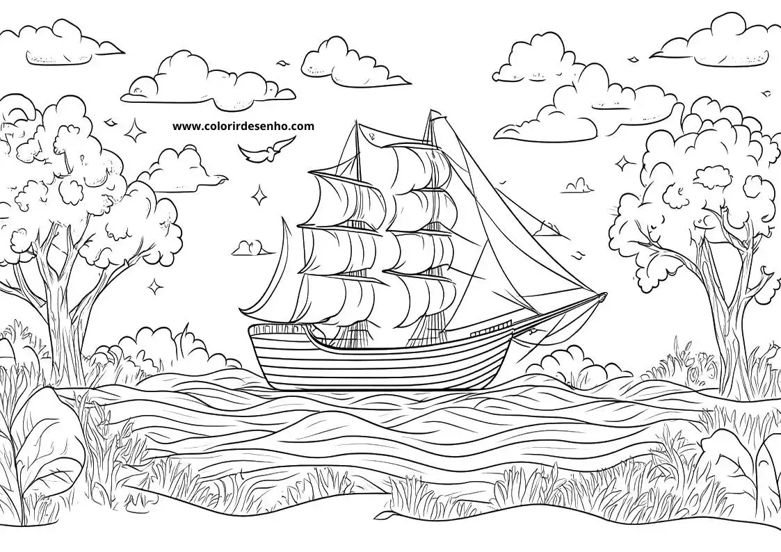 ship sailing on calm waters near trees under a partly cloudy sky