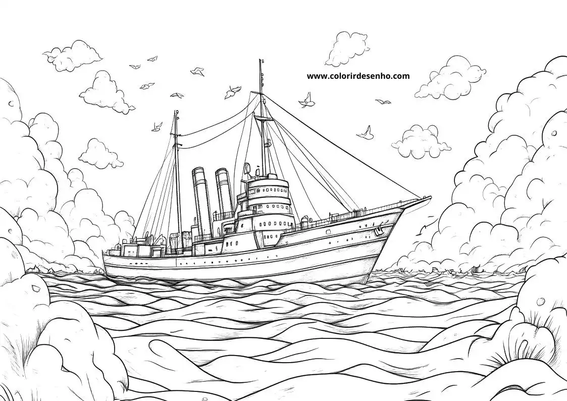ship sailing on choppy waters clouds in sky birds flying