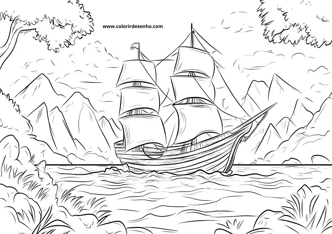 ship sailing on choppy waters near rocky cliffs and trees in a coastal landscape