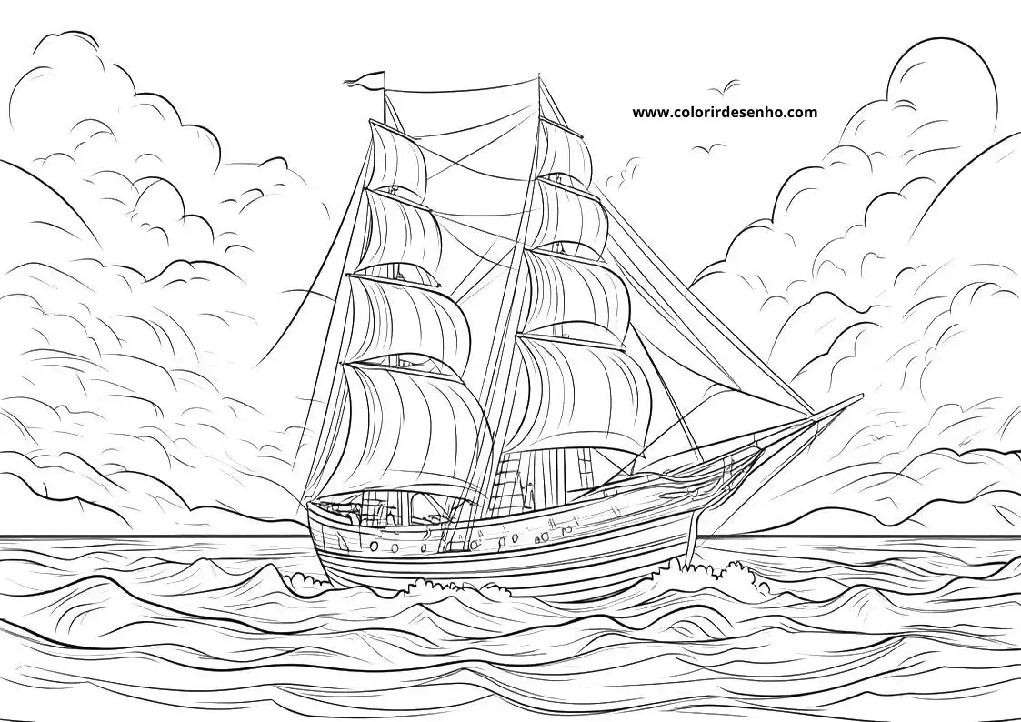 ship sailing on choppy waters with billowing sails and clouds in background