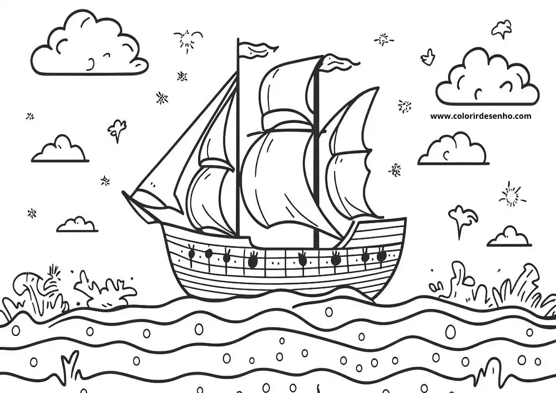 ship sailing on ocean with clouds and birds in sky