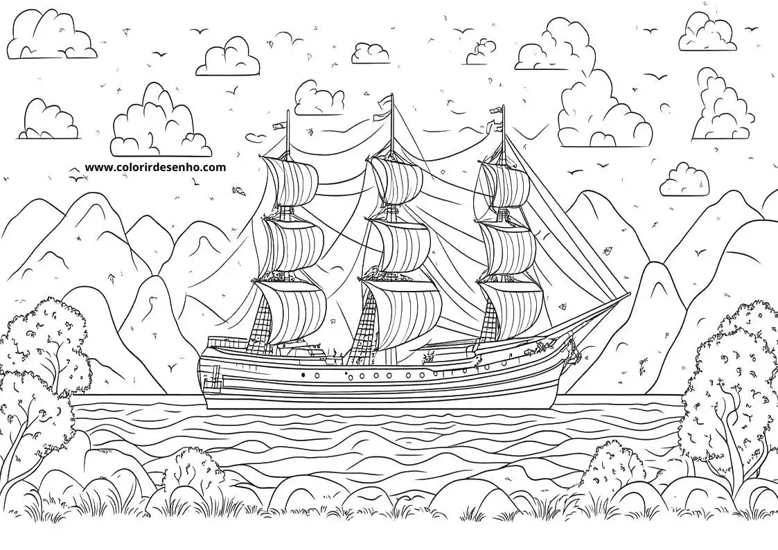 ship sailing on ocean with mountains and trees in background