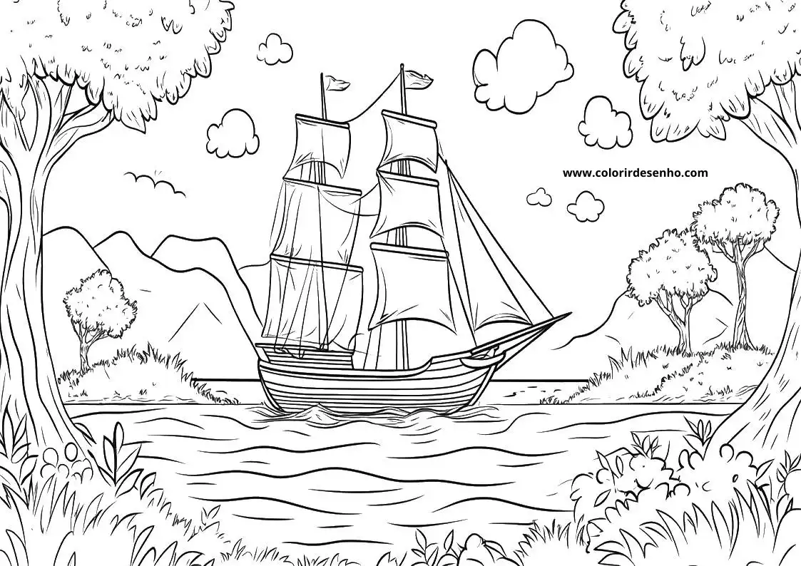 ship sailing on river near trees and clouds