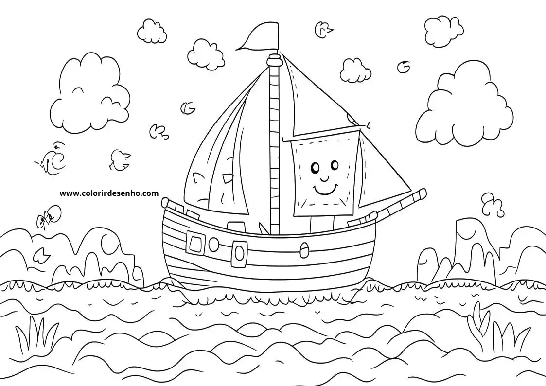 ship sailing on waves with smiling sail and clouds in sky