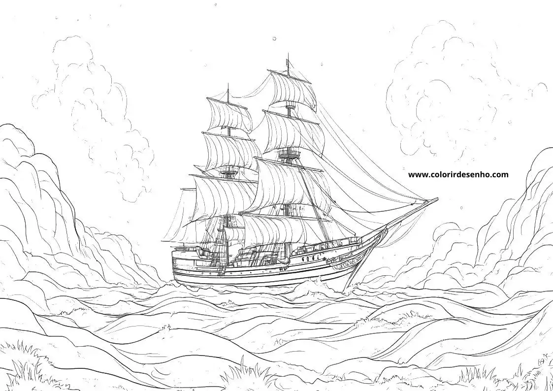 ship sailing through choppy waters with billowing sails