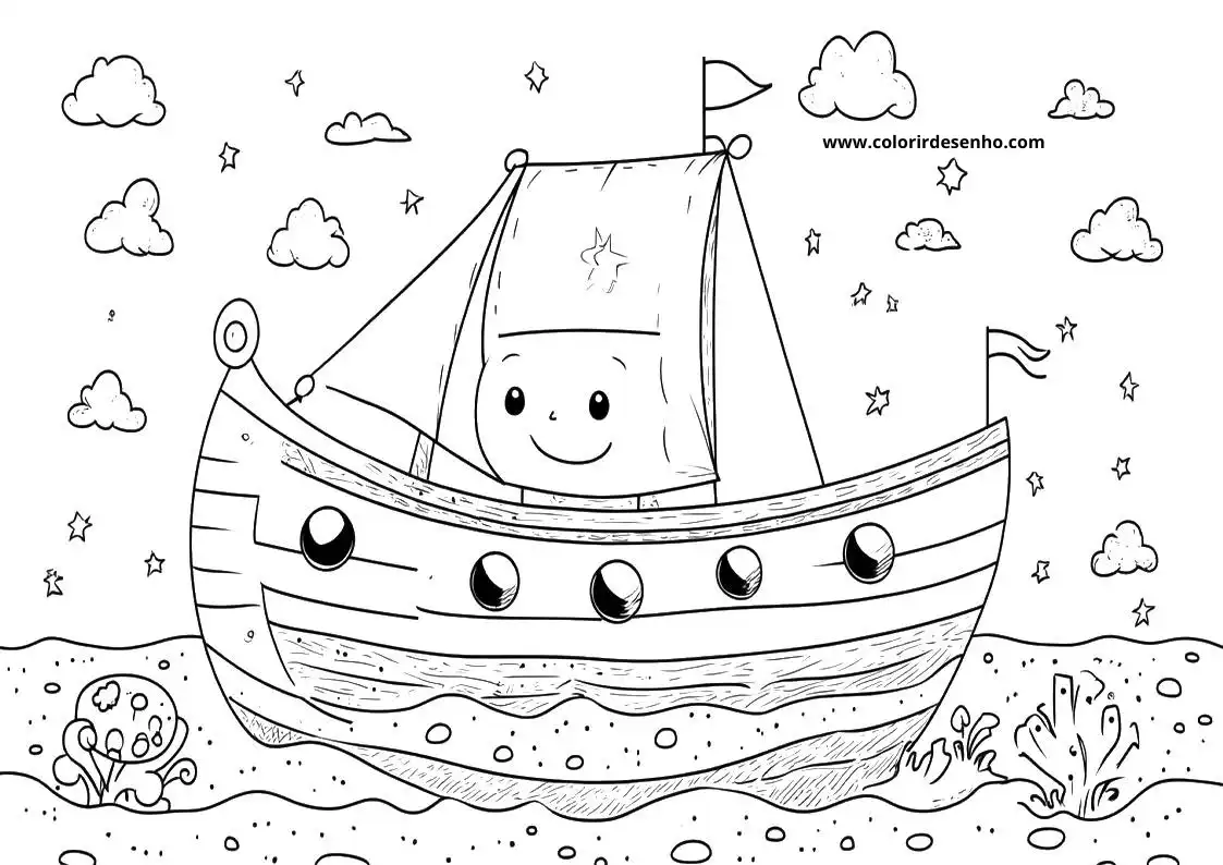 ship smiling with eyes and mouth on sail waving flag floating in calm water