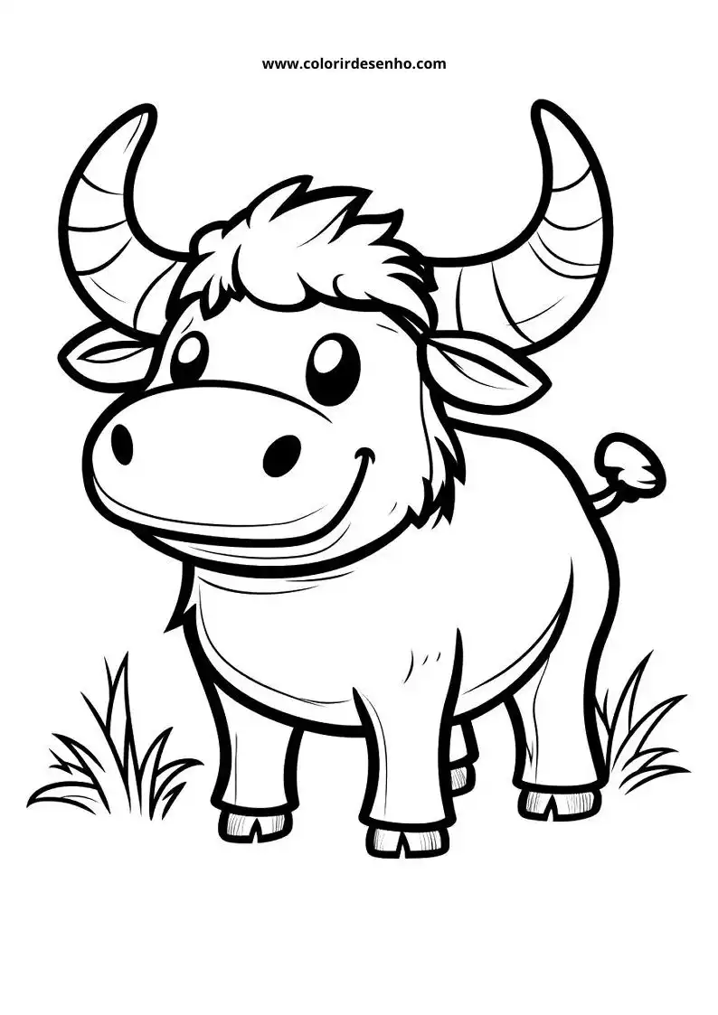 small bull standing on grass field with pointed horns and fluffy mane