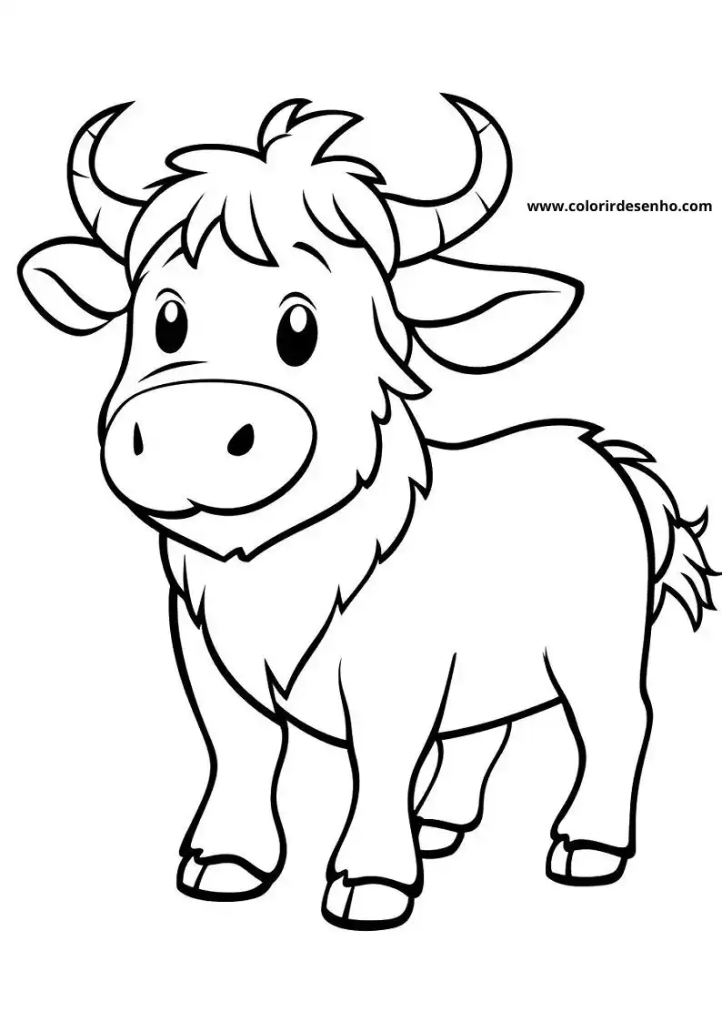 small bull standing with curved horns and fluffy mane
