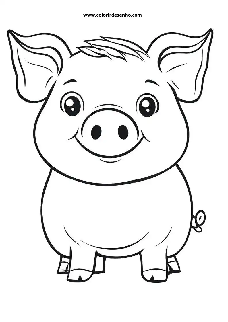 smiling pig with small tuft of hair on top standing upright