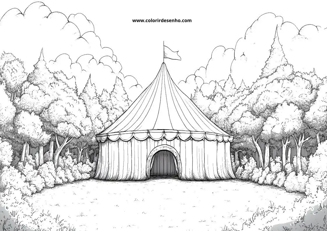 tented circus set within lush forest landscape with trees and bushes