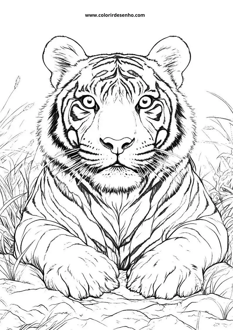 tiger cub lying down in grassy setting with alert eyes looking forward