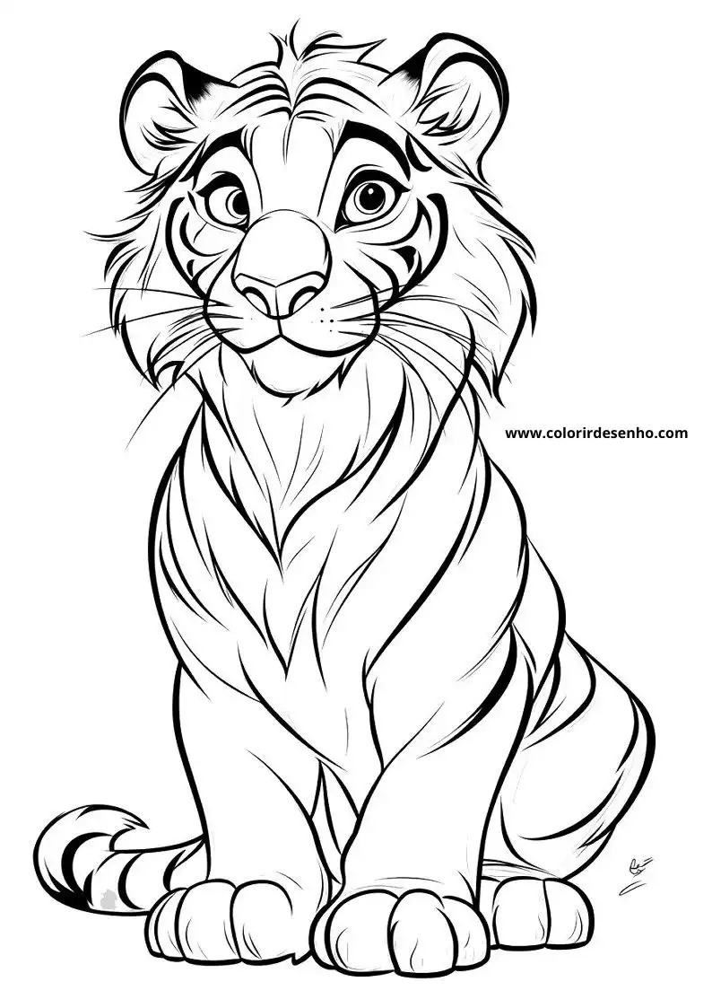 tiger cub sitting alertly eyes wide open stripes visible tail curved around body