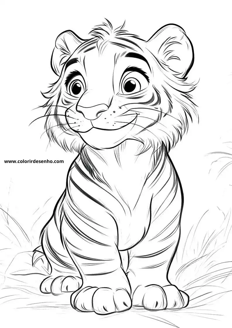 tiger cub sitting in grass looking at viewer