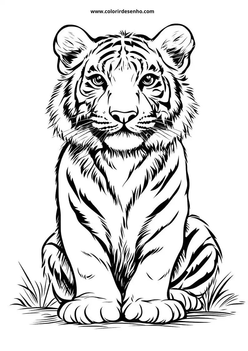 tiger cub sitting on grass in a natural setting