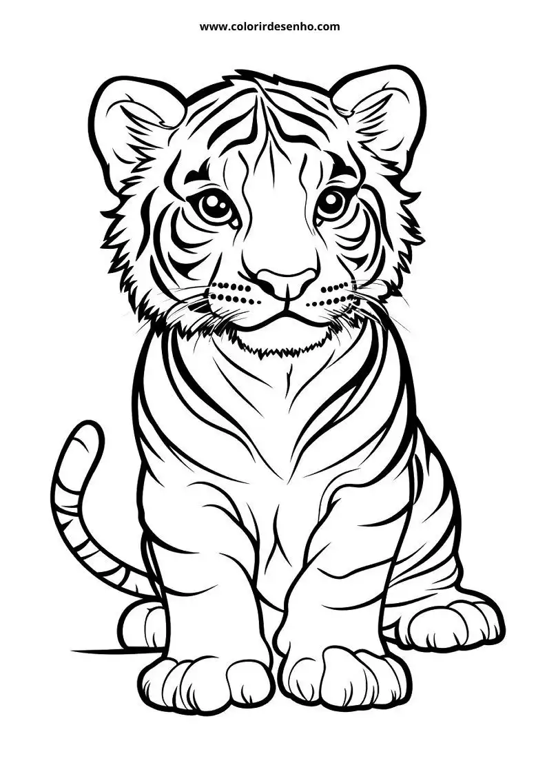 tiger cub sitting upright alert expression stripes prominent paws curled around body