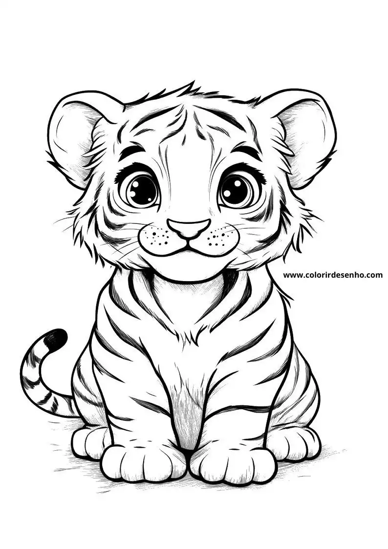 tiger cub sitting upright expression visible