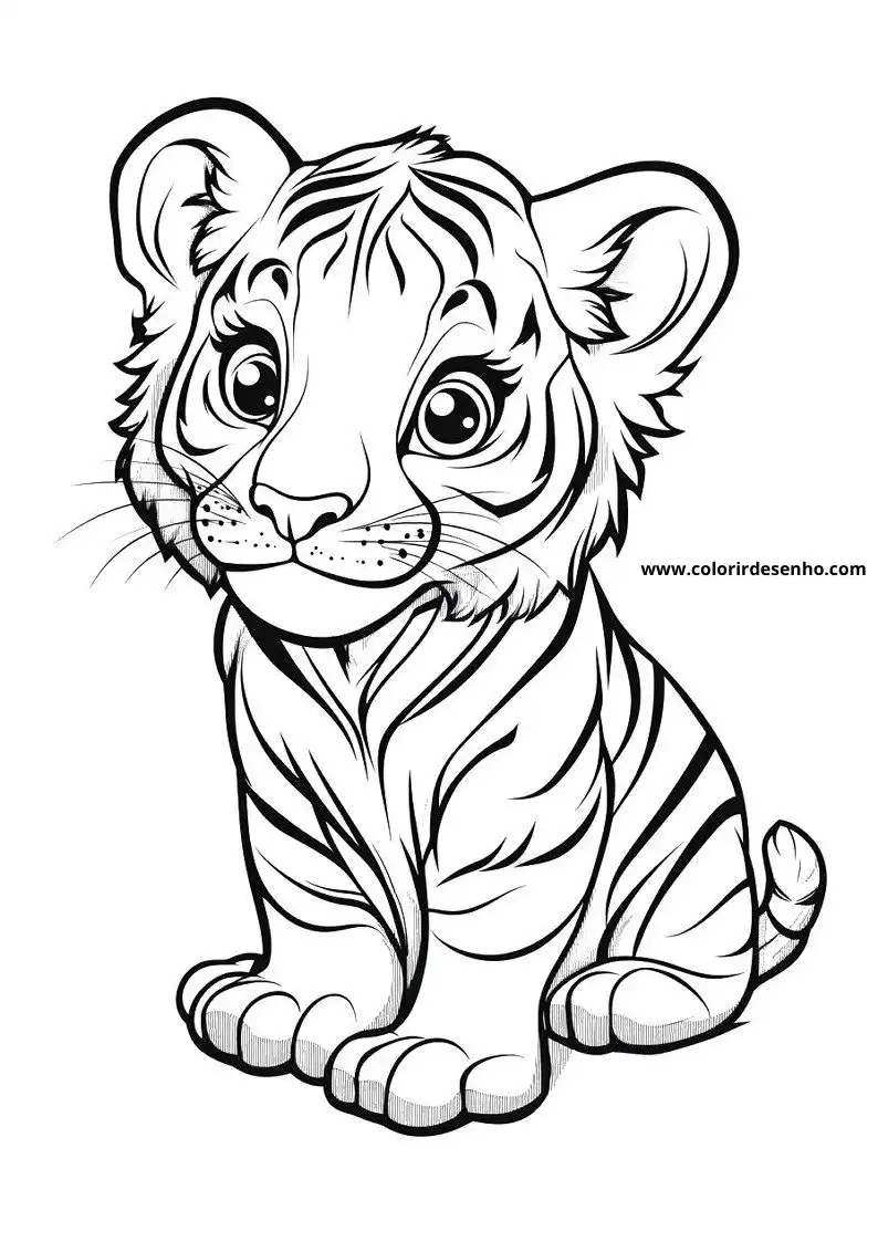 tiger cub sitting upright in grassy setting with big eyes gazing forward