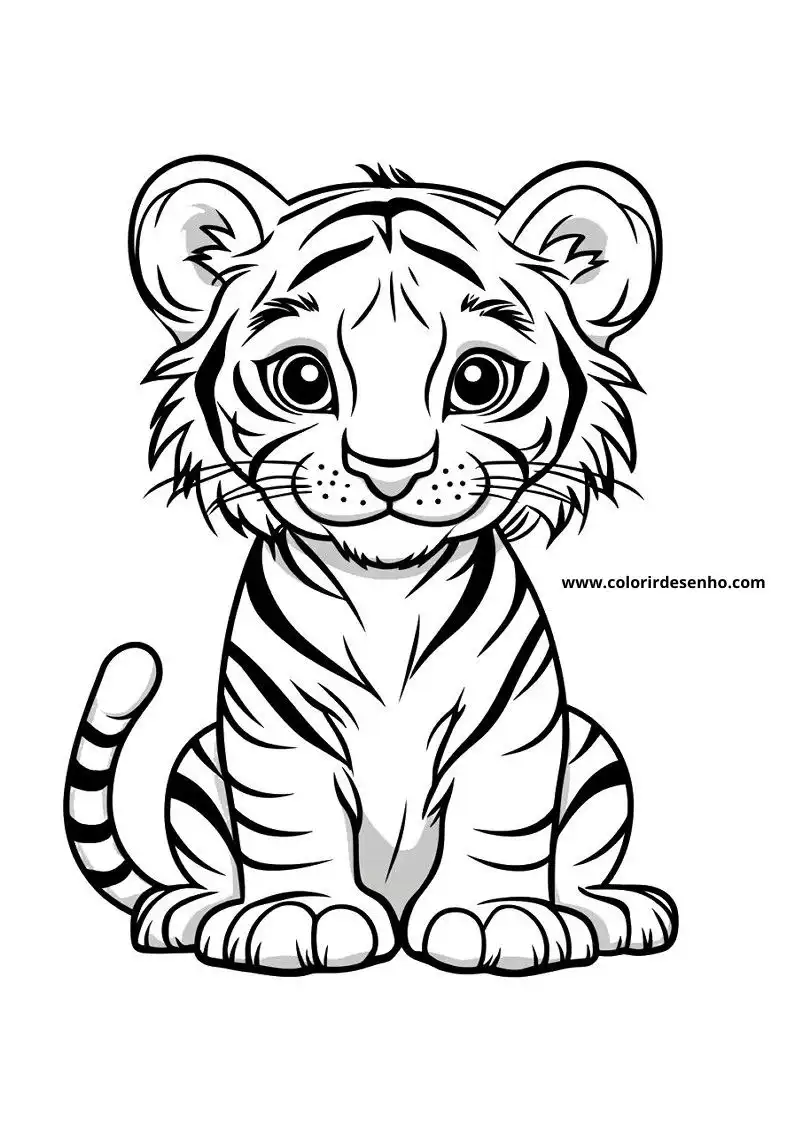 tiger cub sitting upright in grassy setting with big eyes looking forward