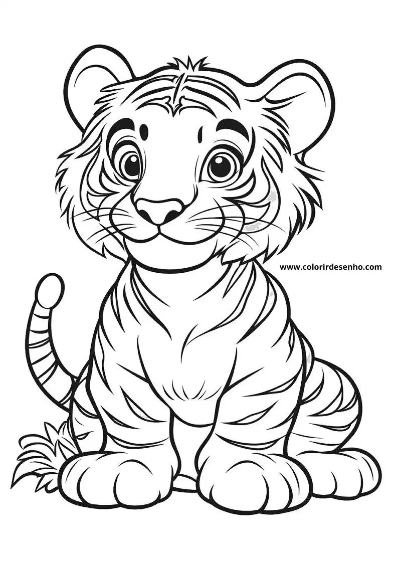 tiger cub sitting upright in grassy setting with large eyes gazing forward