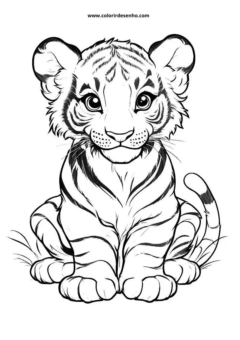 tiger cub sitting upright in grassy setting