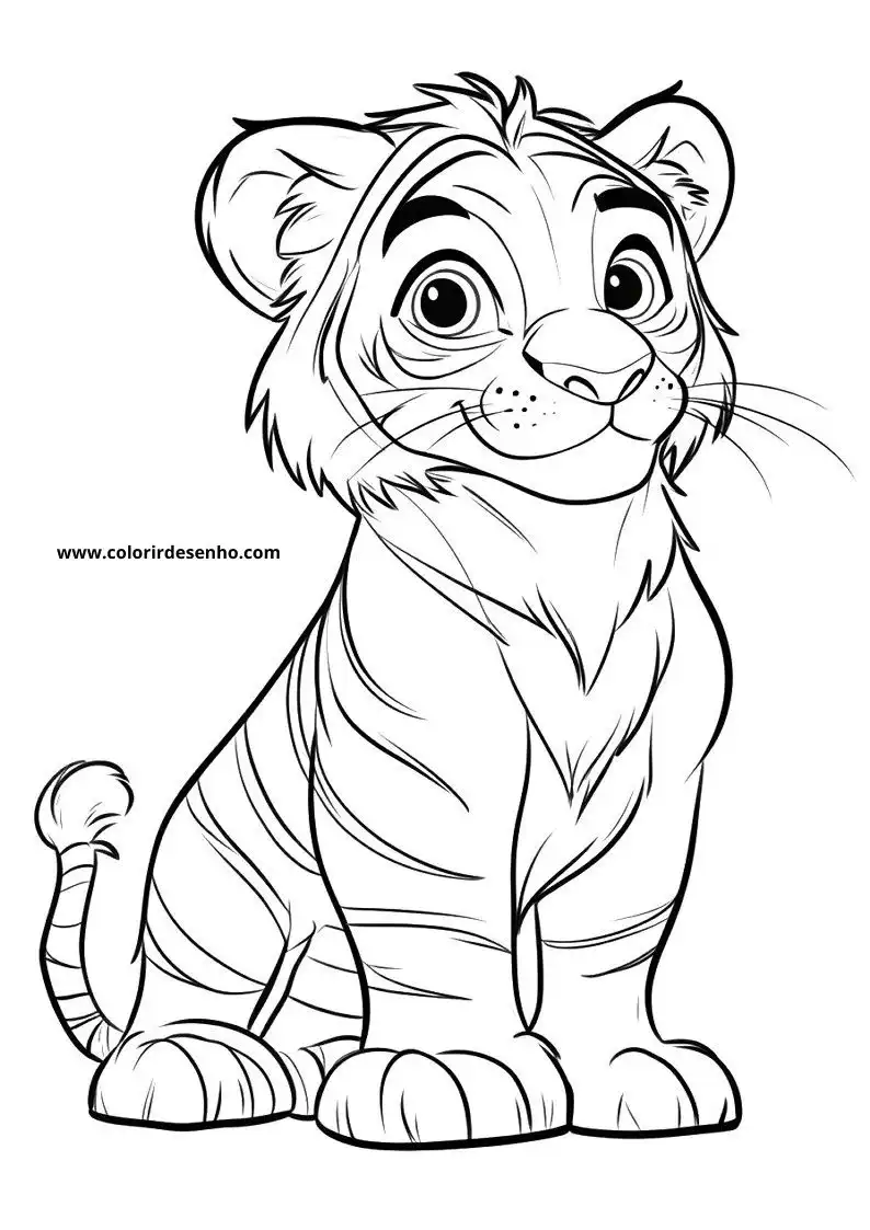 tiger cub sitting upright looking alertly at viewer