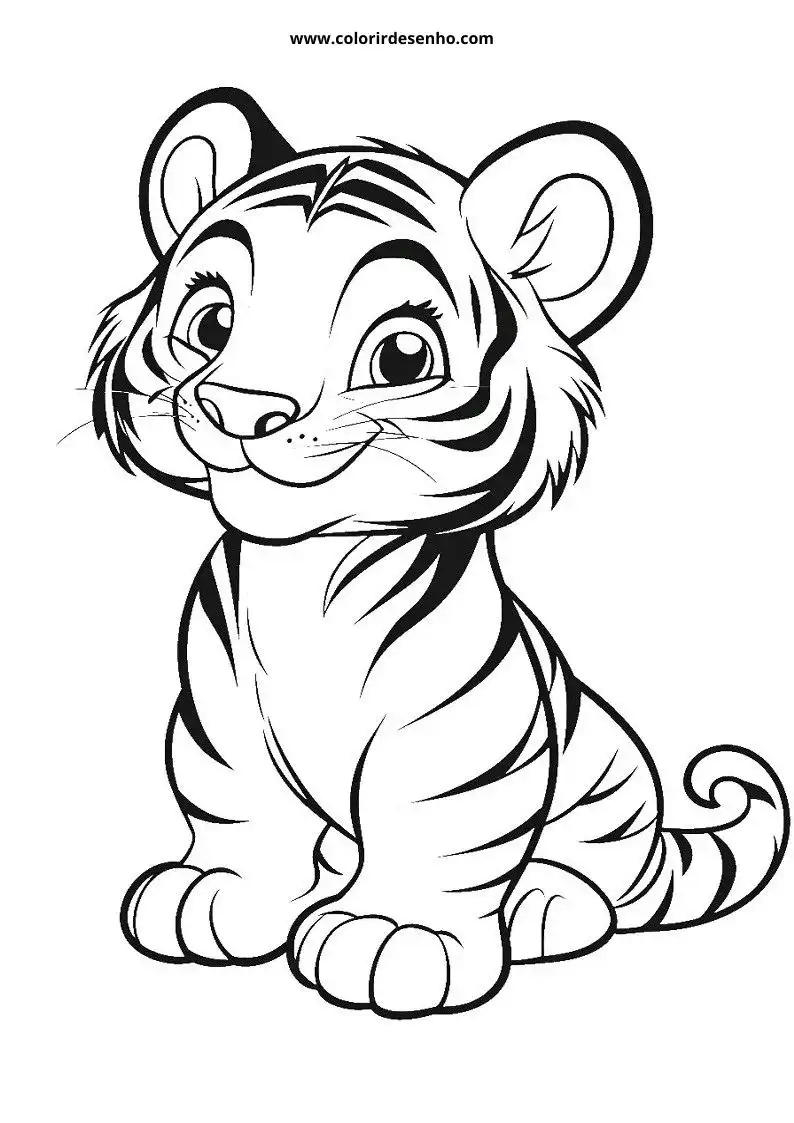 tiger cub sitting upright smiling wearing striped fur small ears big eyes curved tail