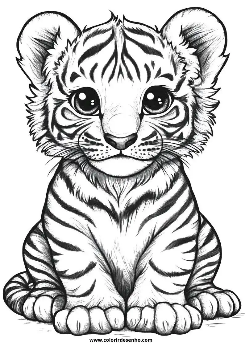 tiger cub sitting upright soft gaze black and white striped fur small paws rounded