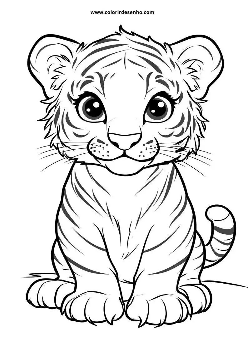 tiger cub sitting upright wearing striped fur small ears big eyes curled tail visible
