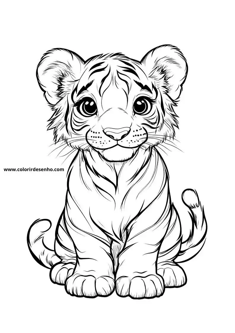 tiger cub sitting upright with alert eyes looking forward