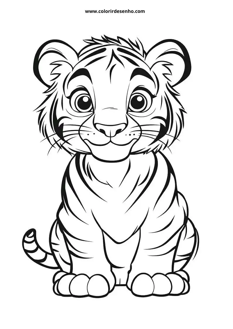 tiger cub sitting upright with big eyes and stripes visible