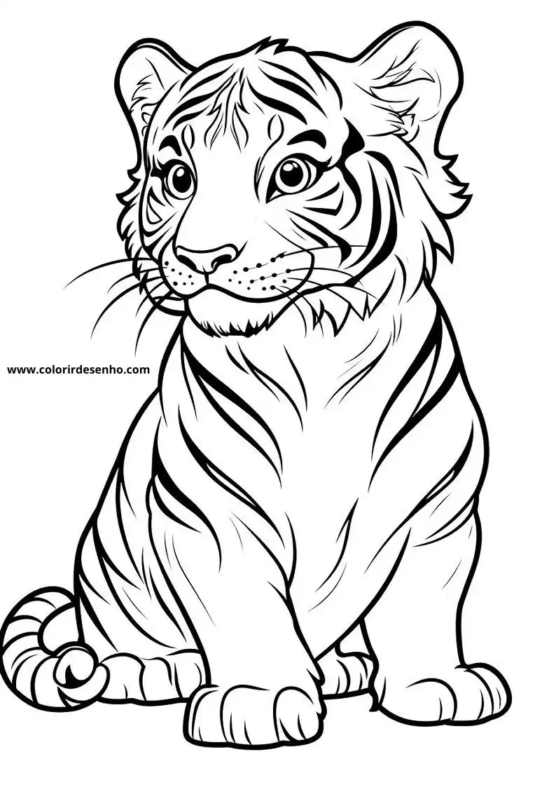 tiger cub sitting upright with big eyes looking forward tiger fur pattern clearly visible
