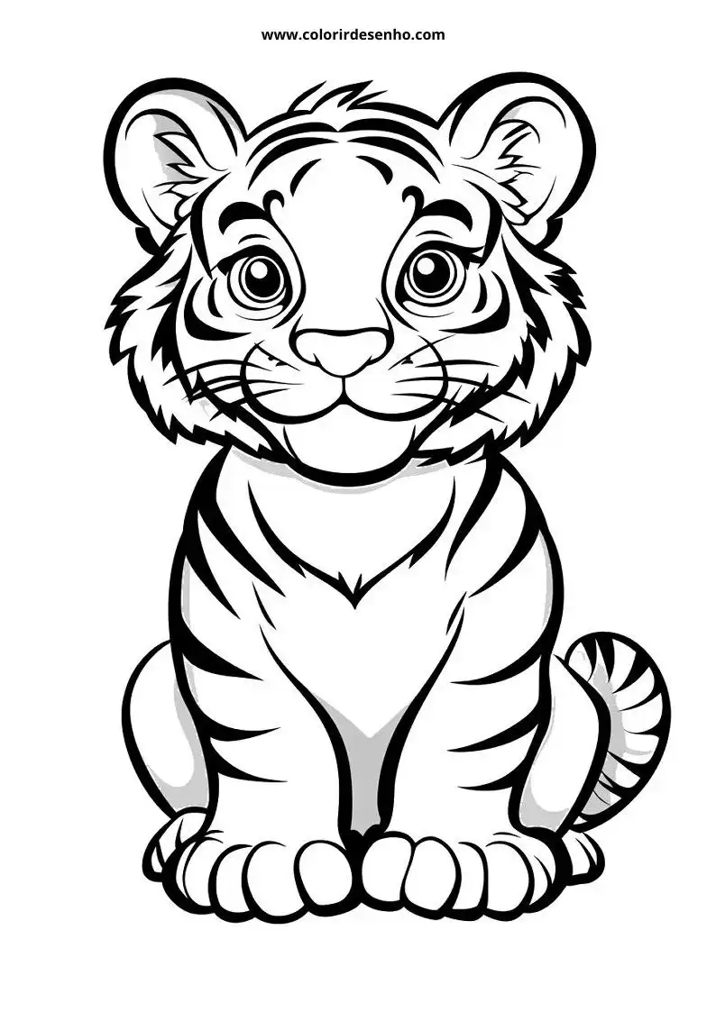 tiger cub sitting upright with big eyes stripes visible on body