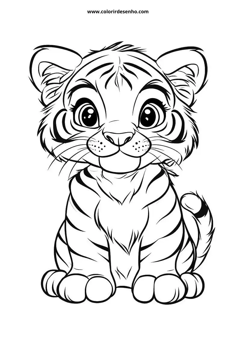 tiger cub sitting upright with wide eyes and paws curled around body