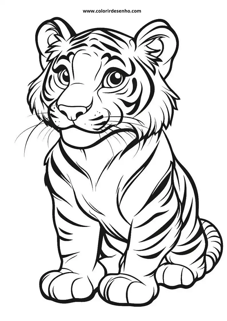 tiger cub sitting upright with wide eyes and small ears