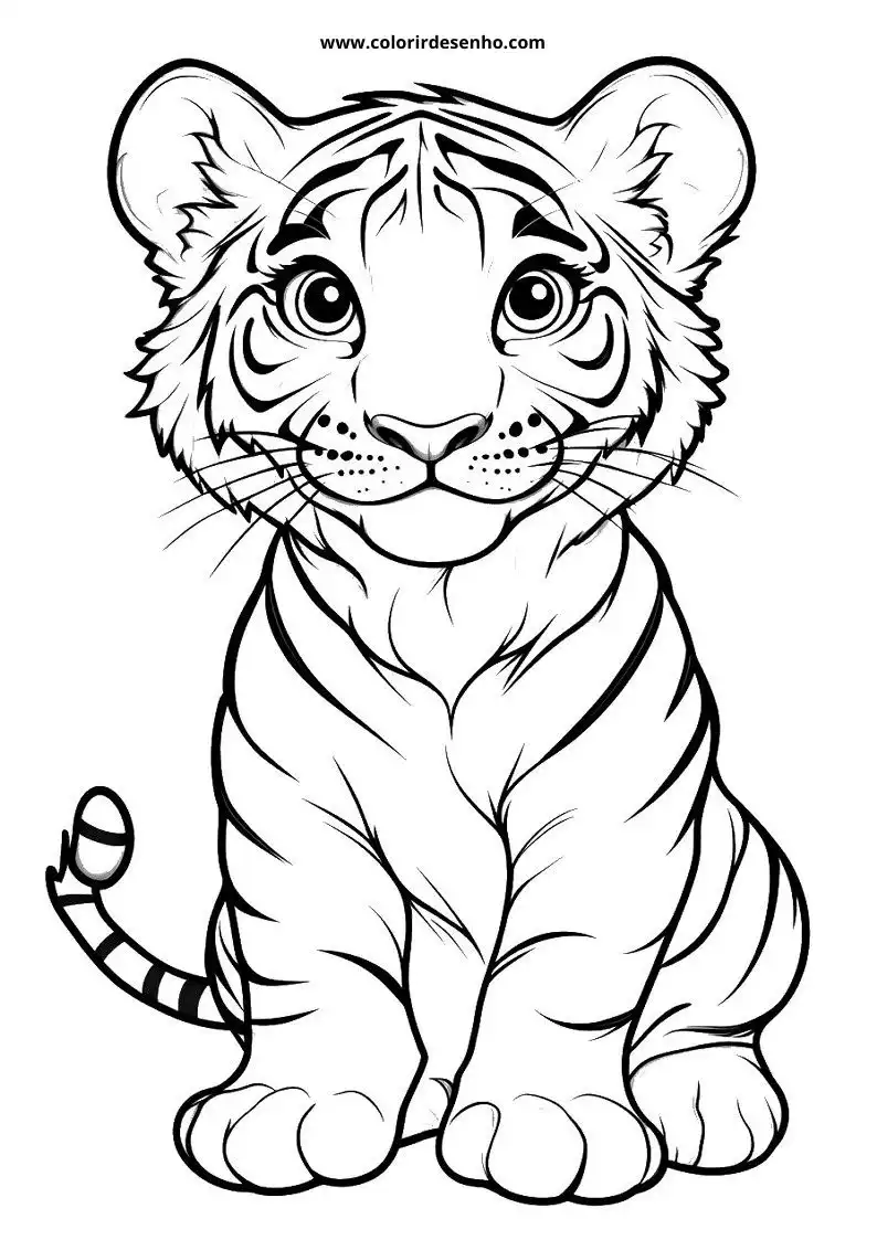 tiger cub sitting upright with wide eyes and striped fur visible