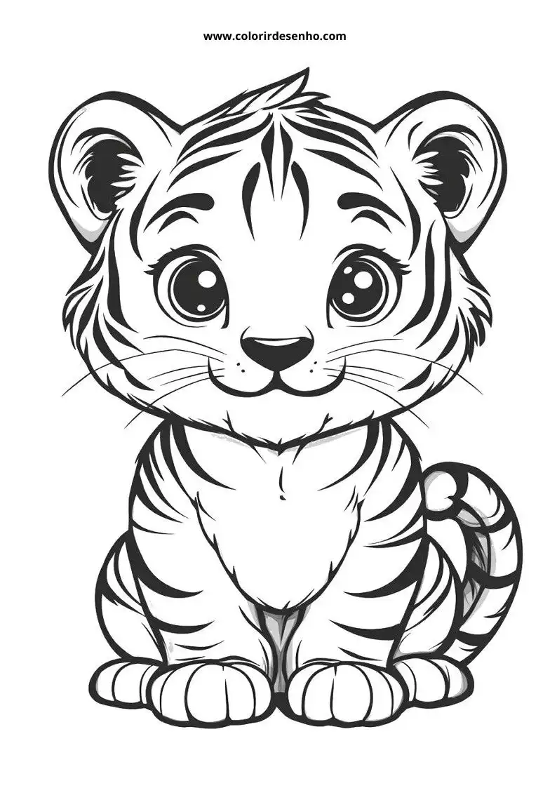 tiger cub sitting with wide eyes and striped fur pattern visible