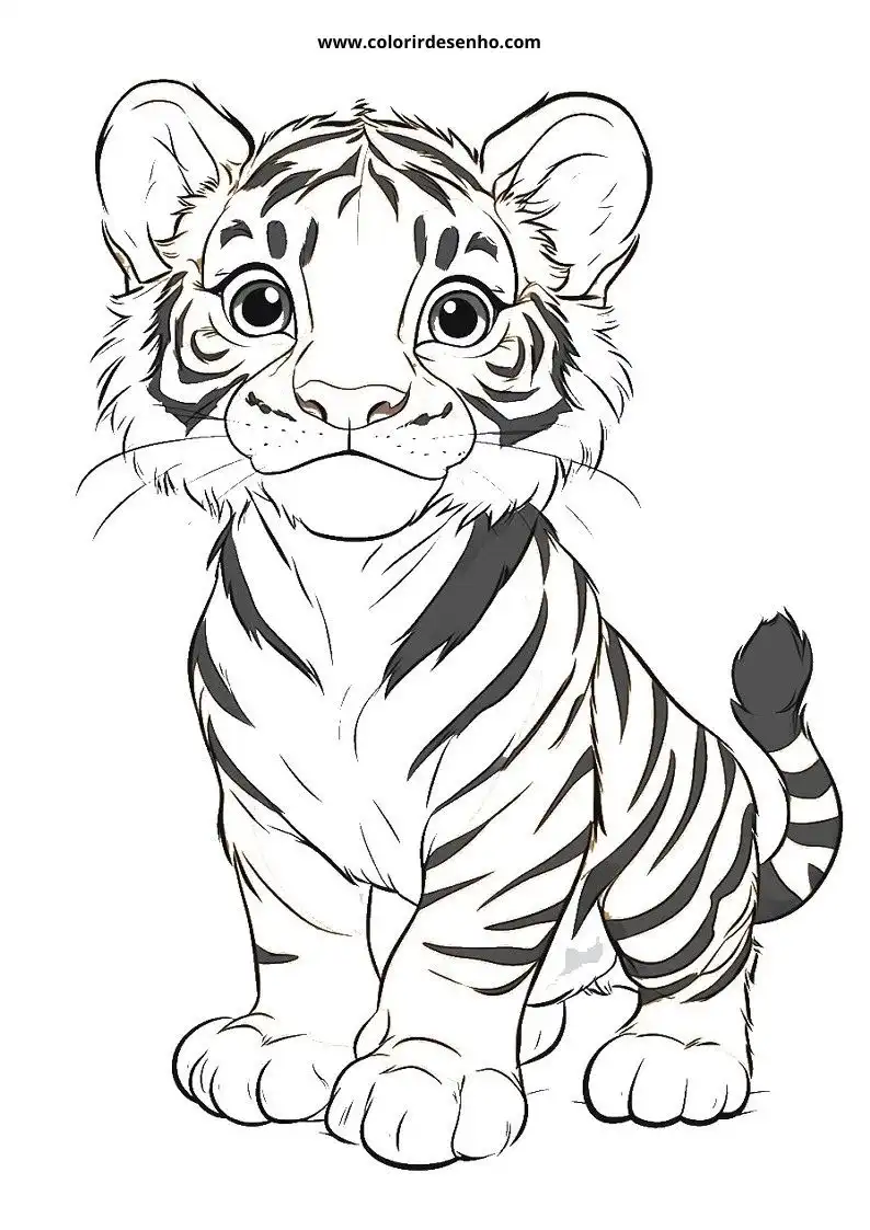 tiger cub standing alert with wide open eyes stripes visible on head and body