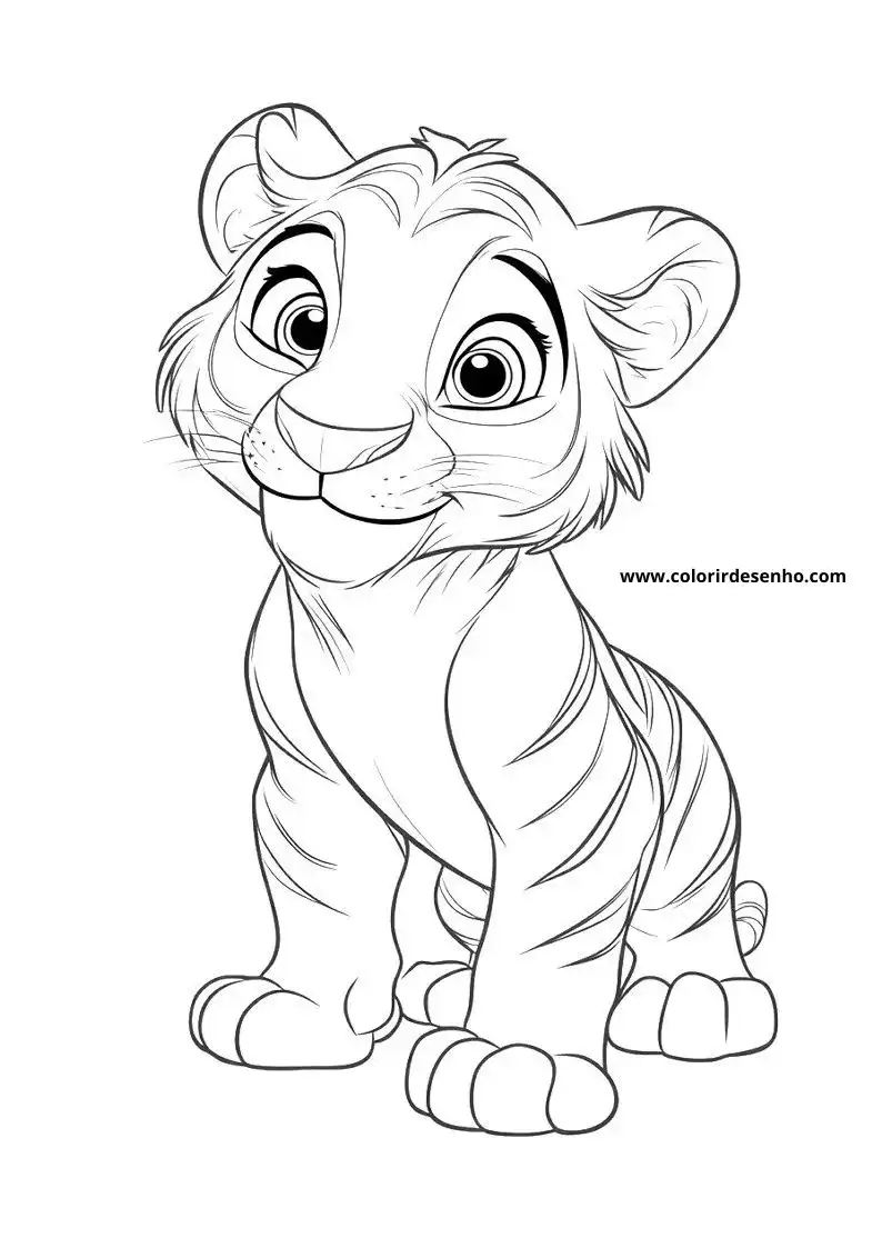 tiger cub standing alertly looking side eyed tail curved behind head